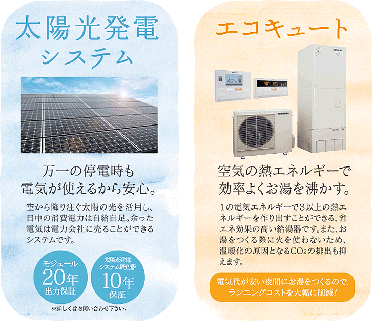 太陽光発電システム 万一の停電時も電気が使えるから安心。、エコキュート 空気の熱エネルギーで効率よくお湯を沸かす
